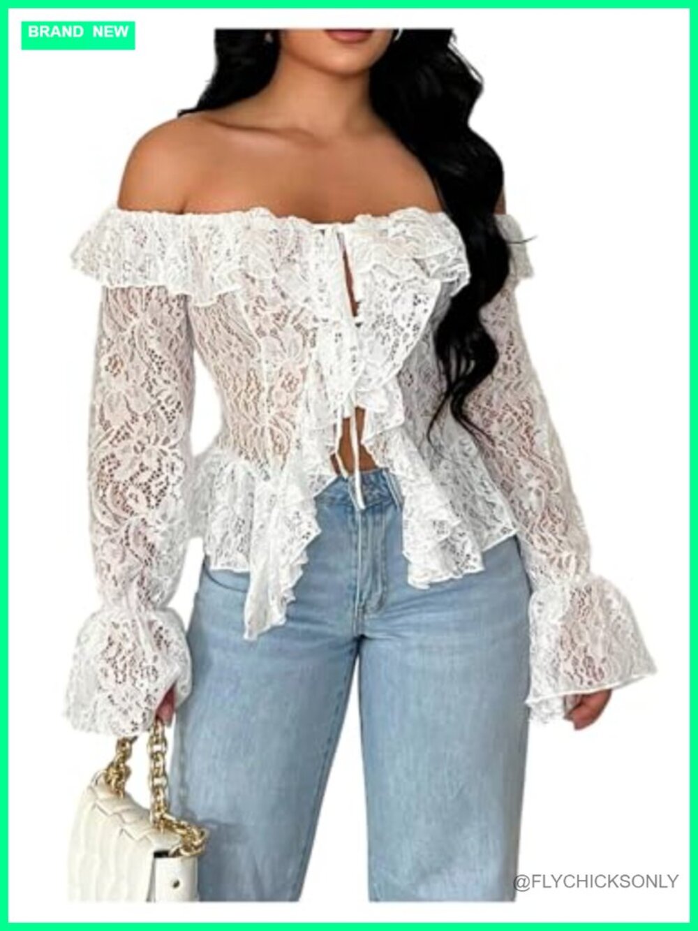 Womens Off Shoulder Lace Blouse Flare Sleeve Ruffle Slit Hem Top